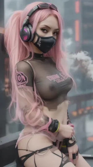 (1girl 30 yo with pink long hair in a sexy outfit with headphones), m4 sopmod ii girls frontline, oppai cyberpunk, seductive anime girl, perfect android girl, cyberpunk anime girl, artwork in the style of guweiz, female cyberpunk anime girl, trending at cgstation, trending on cgstation, fine details. girls frontline, from girls frontline, girls frontline universe, guweiz, cyberpunk femme fatale, nude, (slim girl), (small breasts), (small butt), lingerie, candy room, amplifier, (she wears studded bracelets), (((she wears a sexy Shirt))), small eyebrowns, black eyeliner, ((bodypainting)), (freundliches lächeln), ((clouds of smoke)), transparent, clothes, (face mask), with, (pokies), (face cloth), <lora:Transparent_Clothes_V2:.2>, <lora:pokies_9:.5>