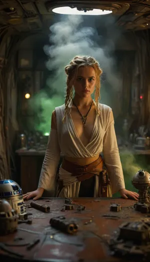 Star Wars Style, full body view of a female Jedi, repairing stuff at messy table, in a messy common room, inside Millennium Falcon, slender, slim waist, blonde matted dreadlocks, flat breasted, tanned skin, lucky charm necklace, beautiful brown leather belt, highly detailed Jedi costume, Jedi toga, perfect face, perfect hands, glass on table, extremely steaming green liquid, R2-D2, dejarik, 8k, high resolution, TIE, fighter, neon_style, cloudy, smoke, atmospheric, clouds, fog, <lora:TIE fighter:.8>, <lora:304304_training_data:.8>, <lora:MJ52:.8>, <lora:Cloudy_Style:1.1>