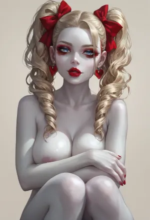 Beautiful busty slender woman, (blonde hair, styled in pigtails with red ribbons), heart shaped high cheek bone face, full lips, seductive, (deep red lipstick), (Pale skin:1.6), (striking light blue eyes, with red eyeliner and red smoky eye shadow), (silver earrings), (sensual look), (naked), (beige background), realistic detailed face, detailed hair, realistic detailed body, realistic detailed skin, realistic detailed breasts, realistic detailed pussy, (front view:1.2), (sitting legs crossed, holding knees and covering breasts), (looking at viewer), detailxl, <lora:add-detail-xl:1.5>, <lora:style_lora_realis:.5>