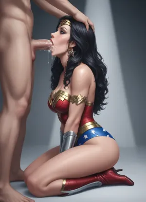 [(Wonder Woman), , , 1girl, (Wonder Woman from DC Comics), , , (red lipstick), , , (Saliva dripping), , , breasts, round ass, large eyes, animated, cartoon style], [kneeling, ((getting fucked in the mouth by human man:1.5)), , , deepthroat, super deep throat, stretched by huge human penis, oral penatration by huge human cock, hand on head, (cum dripping out of mouth:1.5)], [orgasm, eyes open], [side view, full body view]