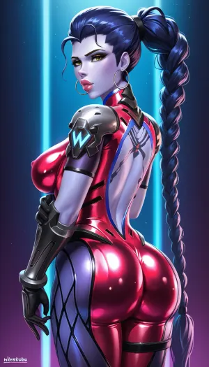 widowmaker, blue skin, solo, a very very very long thick braid, full lips, thick lips, huge chest circumference, tight red metallic high-necked long-sleeved high-rise bodysuit, ultra-high stripper platform stilettos, big hips, big ass, voluptuous, plump, curvy