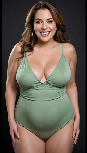 3/4 side view, Curvy gilf, looking at viewer, eye contact, portrait photo a ssbbw mature 60 year old woman, wearing a v-neck sleeveless spaghetti strap light green maxidress, hourglass figure, wide, huge hips, large waist, narrow waist, thick, thighs, saddlebags, round face, chubby cheeks, wrinkles, flushed cheeks, double chin, big eyes, long hair, brunette hair with highlights, medium hair, big smile, mouth open, lips parted, big lips, teeth showing, perfect teeth, joyful smile, (solid blank black background), pokies, hoop earrings, (wrinkles), sagging, breasts, apart, hard nipples, huge ass