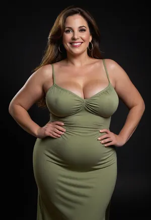 3/4 side view, Curvy gilf, looking at viewer, eye contact, portrait photo a ssbbw mature 60 year old woman, wearing a v-neck sleeveless spaghetti strap light green maxidress, hourglass figure, wide, huge hips, large waist, narrow waist, thick, thighs, saddlebags, round face, chubby cheeks, wrinkles, flushed cheeks, double chin, big eyes, long hair, brunette hair with highlights, medium hair, big smile, mouth open, lips parted, big lips, teeth showing, perfect teeth, joyful smile, (solid blank black background), pokies, hoop earrings, (wrinkles), sagging, breasts, apart, hard nipples, huge ass