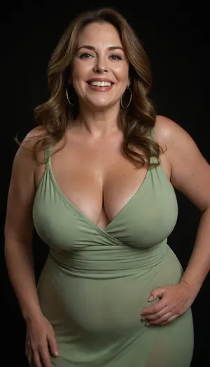 3/4 side view, Curvy gilf, looking at viewer, eye contact, portrait photo a ssbbw mature 60 year old woman, wearing a v-neck sleeveless spaghetti strap light green maxidress, hourglass figure, wide, huge hips, large waist, narrow waist, thick, thighs, saddlebags, round face, chubby cheeks, wrinkles, flushed cheeks, double chin, big eyes, long hair, brunette hair with highlights, medium hair, big smile, mouth open, lips parted, big lips, teeth showing, perfect teeth, joyful smile, (solid blank black background), pokies, hoop earrings, (wrinkles), sagging, breasts, apart, hard nipples, huge ass