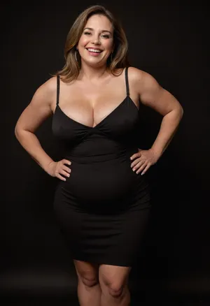 3/4 side view, Curvy gilf, looking at viewer, eye contact, portrait photo a ssbbw mature 60 year old woman, wearing a v-neck sleeveless spaghetti strap black dress, hourglass figure, wide, huge hips, large waist, narrow waist, thick, thighs, saddlebags, round face, chubby cheeks, wrinkles, flushed cheeks, double chin, big eyes, long hair, brunette hair with highlights, medium hair, big smile, mouth open, lips parted, big lips, teeth showing, perfect teeth, joyful smile, (solid blank black background), pokies, hoop earrings, (wrinkles), sagging, breasts, apart, hard nipples, downblouse, nipslip, <lora:RealDownblouseXL2:.8>