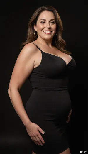 3/4 side view, Curvy gilf, looking at viewer, eye contact, portrait photo a ssbbw mature 60 year old woman, wearing a v-neck sleeveless spaghetti strap black dress, hourglass figure, wide, huge hips, large waist, narrow waist, thick, thighs, saddlebags, round face, chubby cheeks, wrinkles, flushed cheeks, double chin, big eyes, long hair, brunette hair with highlights, medium hair, big smile, mouth open, lips parted, big lips, teeth showing, perfect teeth, joyful smile, (solid blank black background), pokies, hoop earrings, (wrinkles), sagging, breasts, apart, hard nipples