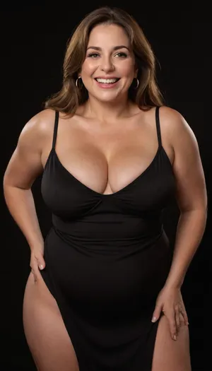 3/4 side view, Curvy gilf, looking at viewer, eye contact, portrait photo a ssbbw mature 60 year old woman, wearing a v-neck sleeveless spaghetti strap black dress, hourglass figure, wide, huge hips, large waist, narrow waist, thick, thighs, saddlebags, round face, chubby cheeks, wrinkles, flushed cheeks, double chin, big eyes, long hair, brunette hair with highlights, medium hair, big smile, mouth open, lips parted, big lips, teeth showing, perfect teeth, joyful smile, (solid blank black background), pokies, hoop earrings, (wrinkles), sagging, breasts, apart, hard nipples, downblouse, nipslip, <lora:RealDownblouseXL2:.8>