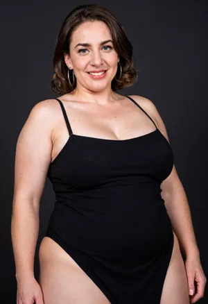 Curvy gilf, looking at viewer, eye contact, portrait photo a ssbbw mature 60 year old woman, (obese:1), wearing a v-neck sleeveless spaghetti strap black maxidress, hourglass figure, wide, huge hips, large waist, narrow waist, saddlebags, round face, chubby cheeks, wrinkles, flushed cheeks, double chin, big eyes, long hair, brunette hair with highlights, medium hair, big smile, mouth open, lips parted, big lips, teeth showing, perfect teeth, joyful smile, (solid blank black background), pokies, hoop earrings, (wrinkles), sagging, breasts, apart, hard nipples, bottomheavy, big, ass, huge, gigantic, thick, thighs, massive, <lora:bottomheavy_v1_sdxl_tags:.8>