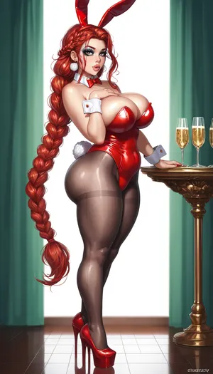 German woman, solo, a very very very long thick braid, red hair, full lips, thick lips, huge chest circumference, red bunnysuit, pantyhose, fake_rabbit ears, rabbit tail, wrist cuffs, platform_high_heels, flashy makeup, big hips, big ass, voluptuous, plump, curvy