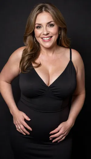 Curvy gilf, looking at viewer, eye contact, portrait photo a ssbbw mature 60 year old woman, wearing a v-neck sleeveless spaghetti strap black maxidress, obese, pear shaped body figure, wide, huge hips, large waist, narrow waist, saddlebags, chubby round face, chubby cheeks, wrinkles, flushed cheeks, double chin, big eyes, long hair, brown hair with highlights, bangs, medium hair, big smile, mouth open, lips parted, big lips, teeth showing, perfect teeth, joyful smile, (solid blank black background), pokies, hoop earrings, (wrinkles)