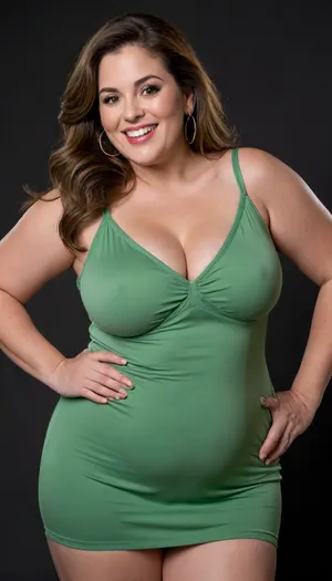 3/4 side view, Curvy gilf, looking at viewer, eye contact, portrait photo a ssbbw mature 60 year old woman, wearing a v-neck sleeveless spaghetti strap green dress, hourglass figure, wide, huge hips, large waist, narrow waist, thick, thighs, saddlebags, round face, chubby cheeks, wrinkles, flushed cheeks, double chin, big eyes, long hair, brunette hair with highlights, medium hair, big smile, mouth open, lips parted, big lips, teeth showing, perfect teeth, joyful smile, (solid blank black background), pokies, hoop earrings, (wrinkles), hard nipples, huge ass