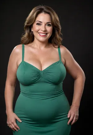 3/4 side view, Curvy gilf, looking at viewer, eye contact, portrait photo a ssbbw mature 60 year old woman, wearing a v-neck sleeveless spaghetti strap green dress, hourglass figure, wide, huge hips, large waist, narrow waist, thick, thighs, saddlebags, round face, chubby cheeks, wrinkles, flushed cheeks, double chin, big eyes, long hair, brunette hair with highlights, medium hair, big smile, mouth open, lips parted, big lips, teeth showing, perfect teeth, joyful smile, (solid blank black background), pokies, hoop earrings, (wrinkles), hard nipples, huge ass