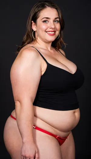 3/4 side view, Curvy gilf, (obese:1.3), looking at viewer, eye contact, portrait photo a ssbbw mature 65 year old woman, wearing a v-neck sleeveless spaghetti strap black dress, hourglass figure, huge hips, large waist, narrow waist, thighs, saddlebags, round face, chubby cheeks, wrinkles, flushed cheeks, double chin, big eyes, long hair, brunette hair with highlights, medium hair, big smile, mouth open, lips parted, big lips, teeth showing, perfect teeth, joyful smile, (solid blank black background), pokies, hoop earrings, (wrinkles), hard nipples, huge ass, chubby, ratio_wh, skin, texture, style, realism, detailed, <lora:the-ratio-hips-and-ass:1.3>, <lora:skin texture style v5:.8>, red panties