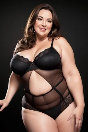 Curvy gilf, looking at viewer, eye contact, portrait photo a ssbbw mature 65 year old woman, wearing a v-neck sleeveless lace black lingerie, hourglass figure, huge hips, large waist, narrow waist, thighs, saddlebags, round face, chubby cheeks, wrinkles, flushed cheeks, double chin, big eyes, long hair, brunette hair with highlights, medium hair, big smile, mouth open, lips parted, big lips, teeth showing, perfect teeth, joyful smile, (solid blank black background), pokies, hoop earrings, (wrinkles), hard nipples, huge ass, chubby, ratio_wh, skin, texture, style, realism, detailed, red panties, pubic hair, <lora:the-ratio-hips-and-ass:.8>, <lora:skin texture style v5:.5>