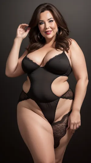Curvy gilf, looking at viewer, eye contact, portrait photo a ssbbw mature 65 year old woman, wearing a v-neck sleeveless lace black lingerie, hourglass figure, huge hips, large waist, narrow waist, thighs, saddlebags, round face, chubby cheeks, wrinkles, flushed cheeks, double chin, big eyes, long hair, brunette hair with highlights, medium hair, big smile, mouth open, lips parted, big lips, teeth showing, perfect teeth, joyful smile, (solid blank black background), pokies, hoop earrings, (wrinkles), hard nipples, huge ass, chubby, ratio_wh, skin, texture, style, realism, detailed, red panties, pubic hair, <lora:the-ratio-hips-and-ass:.8>, <lora:skin texture style v5:.5>