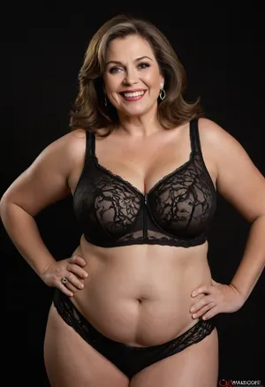 Curvy gilf, looking at viewer, eye contact, portrait photo a ssbbw mature 65 year old woman, wearing a v-neck sleeveless lace black lingerie, hourglass figure, huge hips, large waist, narrow waist, thighs, saddlebags, round face, chubby cheeks, wrinkles, flushed cheeks, double chin, big eyes, long hair, brunette hair with highlights, medium hair, big smile, mouth open, lips parted, big lips, teeth showing, perfect teeth, joyful smile, (solid blank black background), pokies, hoop earrings, (wrinkles), hard nipples, huge ass, chubby, ratio_wh, skin, texture, style, realism, detailed, red panties, pubic hair, <lora:the-ratio-hips-and-ass:.8>, <lora:skin texture style v5:.5>