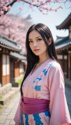 30-year-old Nico Robin from one piece, with long black hair, fair skin, blue eyes, on wano country street, Surrounded by Japanese traditional style architectural buildings, sakura trees, bright sun lighting, striking facein photo 8k, photos taken by hasselblad + incredibly detailed, sharpen, details + professional lighting, photography lighting + 50mm, 80mm, 100m + lightroom gallery + behance photographies + unsplash