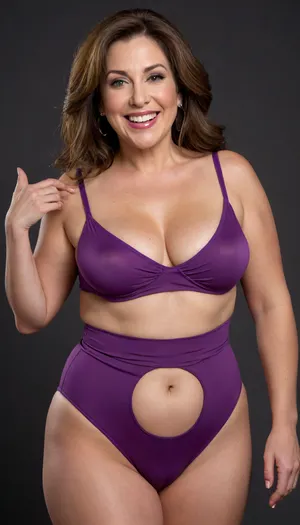 Curvy gilf, looking at viewer, eye contact, portrait photo a chubby mature 60 year old woman, wearing a purple v-neck sleeveless spaghetti strap bodysuit, hourglass figure, wide, huge hips, thick, thighs, round face, chubby cheeks, wrinkles, flushed cheeks, double chin, big eyes, brunette hair, medium hair, big smile, mouth open, lips parted, big lips, teeth showing, perfect teeth, joyful smile, (solid blank black background), pokies, hoop earrings, (wrinkles), (fupa), cameltoe, drooping saggy conical breasts, sagging, breasts, apart