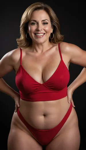 Curvy gilf, looking at viewer, eye contact, portrait photo a, (obese), mature 60 year old woman, wearing a tight red v-neck sleeveless spaghetti strap dress, slutty, hourglass figure, wide, huge hips, large waist, narrow waist, thick, thighs, saddlebags, round face, chubby cheeks, wrinkles, flushed cheeks, double chin, big eyes, chestnut hair with highlights, medium hair, big smile, mouth open, lips parted, big lips, teeth showing, perfect teeth, joyful smile, (solid blank black background), pokies, hoop earrings, (wrinkles), cameltoe, (drooping saggy conical breasts), sagging, breasts, apart, hard nipples, squatting