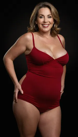 Curvy gilf, looking at viewer, eye contact, portrait photo a, (obese), mature 60 year old woman, wearing a tight red v-neck sleeveless spaghetti strap long dress, hourglass figure, wide, huge hips, large waist, narrow waist, thick, thighs, saddlebags, round face, chubby cheeks, wrinkles, flushed cheeks, double chin, big eyes, chestnut hair with highlights, medium hair, big smile, mouth open, lips parted, big lips, teeth showing, perfect teeth, joyful smile, (solid blank black background), pokies, hoop earrings, (wrinkles), (drooping saggy conical breasts), sagging, breasts, apart, hard nipples, squatting