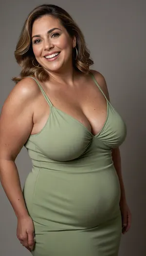 3/4 side view, (obese:1), curvy, plump waist, chubby, mature, gilf, full body portrait photo a chubby mature 60 year old mature woman, wearing a v-neck sleeveless spaghetti strap light green dress, hourglass figure, wide, big, hips, thick, thighs, large hips, (saggy medium breasts), round face, chubby cheeks, wrinkles, flushed cheeks, double chin, round jawline, thick arms, big eyes, light brunette balayage hair with highlights, medium hair, big smile, mouth open, lips parted, big lips, teeth showing, perfect teeth, looking at viewer, (solid blank background), pokies, hoop earrings, (wrinkles), fupa, (hard sagging nipples), wide pubic hair