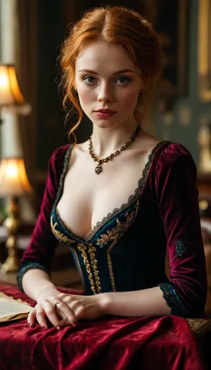 Sexy nice pretty beautiful thin woman, 25 year old, ginger hair, nice glance, perfect finger, sexy countess, in english manor, perfect proportion, hairy pussy, show pussy, ((show nipples)), elegant velvet dress, fucking, lying on side on table, doggystyle, nice shirt, stockings, raw, Portrait, professional, color, grading, <lora:MJ52:2>, <lora:208210_training_data:2>