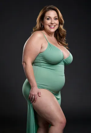 3/4 side view, Curvy gilf, looking at viewer, eye contact, portrait photo a, (obese:1.2), ssbbw mature 60 year old woman, wearing a tight light green v-neck sleeveless spaghetti strap long dress, hourglass figure, wide, huge hips, large waist, narrow waist, thick, thighs, saddlebags, round face, chubby cheeks, wrinkles, flushed cheeks, double chin, big eyes, chestnut hair with highlights, medium hair, big smile, mouth open, lips parted, big lips, teeth showing, perfect teeth, joyful smile, (solid blank black background), pokies, hoop earrings, (wrinkles), (drooping saggy conical breasts), sagging, breasts, apart, hard nipples, squatting