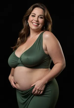 3/4 side view, Curvy gilf, looking at viewer, eye contact, portrait photo a ssbbw mature 60 year old woman, wearing a green v-neck sleeveless spaghetti strap long dress, hourglass figure, wide, huge hips, large waist, narrow waist, thick, thighs, saddlebags, round face, chubby cheeks, wrinkles, flushed cheeks, double chin, big eyes, long hair, brunette hair with highlights, medium hair, big smile, mouth open, lips parted, big lips, teeth showing, perfect teeth, joyful smile, (solid blank black background), pokies, hoop earrings, (wrinkles), (drooping saggy conical breasts), sagging, breasts, apart, hard nipples