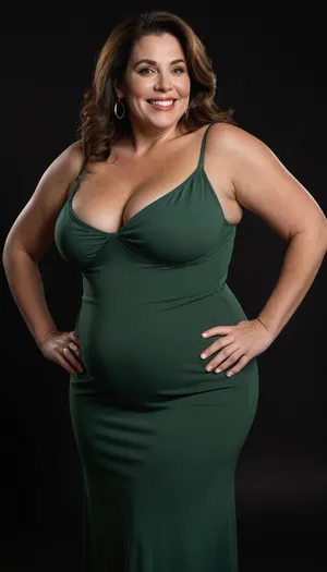 3/4 side view, Curvy gilf, looking at viewer, eye contact, portrait photo a ssbbw mature 60 year old woman, wearing a green v-neck sleeveless spaghetti strap long dress, hourglass figure, wide, huge hips, large waist, narrow waist, thick, thighs, saddlebags, round face, chubby cheeks, wrinkles, flushed cheeks, double chin, big eyes, long hair, brunette hair with highlights, medium hair, big smile, mouth open, lips parted, big lips, teeth showing, perfect teeth, joyful smile, (solid blank black background), pokies, hoop earrings, (wrinkles), (drooping saggy conical breasts), sagging, breasts, apart, hard nipples, big ass