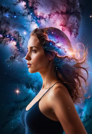 (double exposure:1.7), A full-length beautiful woman in a dynamic dance in the cosmic void, her form filled with the bright colors of stellar nebulae, ((Double exposure technique fills the girl's body with the beauty of the universe)), Bright, glowing colors of nebulae, red, blue and purple hues, twinkling stars, smooth skin, calm expression, atmospheric details, vivid colors, dreamy atmosphere, detailed textures, High detail, 8K, masterpiece, photorealistic, rendered in Octane, Double, Exposure, style, of, <lora:Double_Exposure_5:1.4>