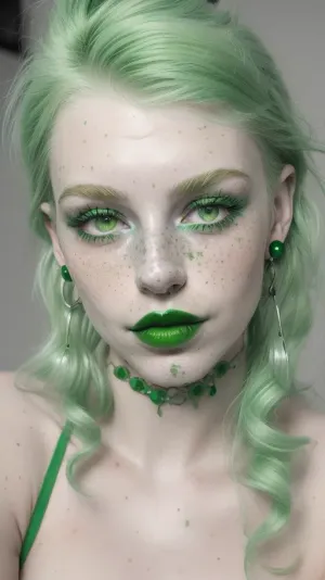 18 year old female, green hair, green eyes, earrings, freckles, green lipstick, in the midnight