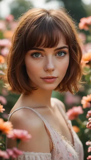 zip realism, (basking in a vibrant flower garden), (intimate snapshot esthetic, French inspired), (adorable woman, soft smile, warm gaze:1.2), (f/2.8, shallow depth of field, layered composition with subtle foreground, extreme closeup shot, focus on eyes:1.8), (vibrant auburn hair with dark undertones, wispy bangs with fringe, thick voluminous hair, stray hair obscuring face, French bob hairstyle:1.4), (catchlights, limbal rings, large expressive eyes, perfect eyes, long delicate eyelashes), (soft facial features, flawless porcelain skin, soft blush), (dynamic lighting, contrasting shadows), <lora:MJ52:.8>