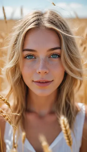zip realism, (walking through a vibrant golden wheat field, pollen drifting in the breeze, vibrant blue sky, symmetrical framing), (avant-garde snapshot esthetic), (adorable woman, soft smile, warm gaze:1.2), (f/2.8, shallow depth of field, layered composition with subtle foreground, closeup, focus on eyes, low angle view:1.8), (wheat-blonde hair, long flowing hair, wind blown hair:1.4), (catchlights, limbal rings, large expressive eyes, perfect eyes, long delicate eyelashes), (soft facial features, flawless porcelain skin, soft blush), (dynamic lighting, contrasting shadows), <lora:MJ52:.8>