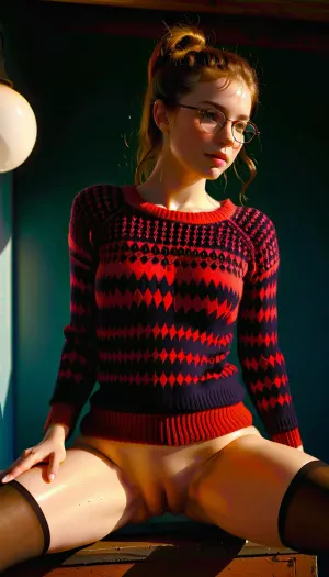 Young skinny Girl, view from front, looking at viewer, short curly brown hair, glasses with black rim, slim, (warm ambient light:.5), (shadows:1.4), RAW image, Canon EOS R3, DSLR photo, 8k, best quality, (realistic, photo-realistic:1), (8k, RAW photo, best quality, (intricate details), perfect eyes, (perfect face), perfect lighting, beautiful, (best quality:1.2), very cute elegant young girl with beautiful eyes, (firm medium breasted 2.5), ultra realistic skin, high detailed pores, horny expression, stunning, sexy, innocent, hot, loving face, very cute loving smile, open mouth, (sport ponytail with sidelocks:1.2), (raised nasal tip, upturned button nose, upturned nose, delicate nose, nose), gymnastics ass, gymnastics legs, gymnastics steps, gymnastic hands, high cheekbones, small lips, almond-shaped bold and vibrant look, blush, blushed, blushing, very much blush on the checks and nose, lots of freckles face, lots of freckles head, lots of freckles body, summer, detailed, eyes, perfect, freckles, skin, (standing), ((wearing colourful patterned, over hip-length woollen jumper)), ((wearing no panties and no pants)), ((hairy pussy)), ((Extremely detailed tights)), (naked waist), (Leg gap), (very slender body), wide Spread legs, (high heels platform latex boots), ((very hairy)), ((big bubble butt ass)), looking at viewer, outdoors, arched back, mooning), detailxl, revstanding, <lora:add-detail-xl:.5>, <lora:MJ52:.5>, <lora:boots:.5>, <lora:revsex_SDXL_1_:.8>