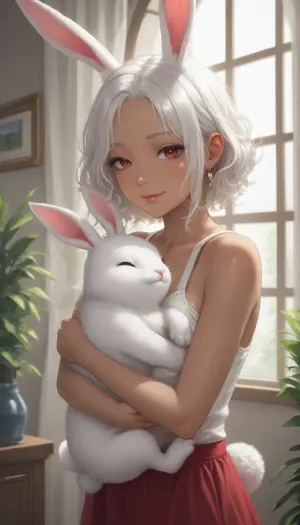 score_9, score_8_up, score_7_up, The image is an illustration of a young woman with long white hair and red eyes. She is wearing a white tank top and has a pair of bunny ears on her head. The woman is holding a white rabbit in her arms and is kissing it tenderly. The rabbit has its eyes closed and appears to be sleeping. The background is a room with a window and a plant. The overall mood of the image is peaceful and serene. dark_skin, rating, safe, white_hair, heart, animal_ears, 1girl, red_eyes, long_hair, parted_bangs, bunny_ears, hug, bare_shoulders, window, smile, half-closed_eyes, indoors, looking_at_viewer, one_eye_closed