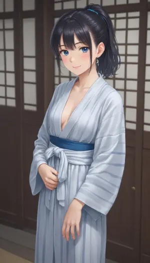 best quality, masterpiece, highres, solo, {yukata, 1.40}, absolutely naked, {houshou_kantaicollection, 1.15}, black_hair, long_hair, ponytail, smile, tasuki, blush, blue_eyes, <lora:houshou_kantaicollection:.5>
