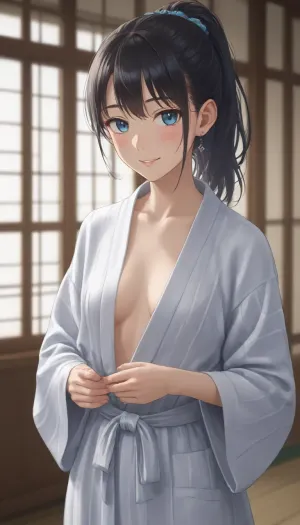 best quality, masterpiece, highres, solo, {yukata, 1.40}, absolutely naked, {houshou_kantaicollection, 1.15}, black_hair, long_hair, ponytail, smile, tasuki, blush, blue_eyes, <lora:houshou_kantaicollection:.5>