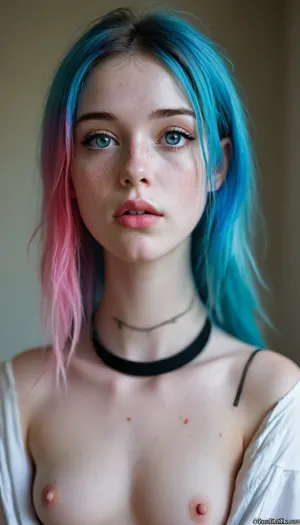 petite student, rainbow hair, black choker, freckles, pink lipstick, Sex, Erotica, ripped revealing clothes, goth, Small tits, full body view, Tinymodel, young, schoolgirl, pretty young, Young girls, 18 years old, perfect face, blue eyes, cute, closeup, petite body, smokey eyes, full body photo, beautiful face, fluxenh4nce, <lora:MJ52:.3>, <lora:FLUXEnh4nce:.8>, pale, skin, <lora:Pale_Skin_SDXL_v1.0:.8>
