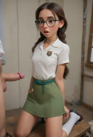 Beautiful girl with glasses stroking a big dick, cute innocent face, 19 yo, very skinny, very very petite. Long hair with Blue hairpiece, ((Brown hair in braids)), ((A traditional American GirlScout uniform with a short-sleeved white blouse paired with a green skirt. Over the blouse, she wears a cross-chest green sash. The cross-chest sash is decorated with a variety of badges and patches. A neckerchief is worn around the collar, secured with a small slide or knot, and white socks and simple shoes complete the look.)), White blouse is fully open to reveal her cute little perky tits, drooling, she looks at the camera, focus on her, face orgasm, sucking, Object, gd, erection, sex, toy, penis, large, <lora:cockteaseLoRASDXL:.5>, <lora:ahxl_v1:.5>, <lora:Penis_XL:.6>, <lora:ChrisSanderNov2023:.2>, <lora:Samaritan 3d Cartoon SDXL:.3>
