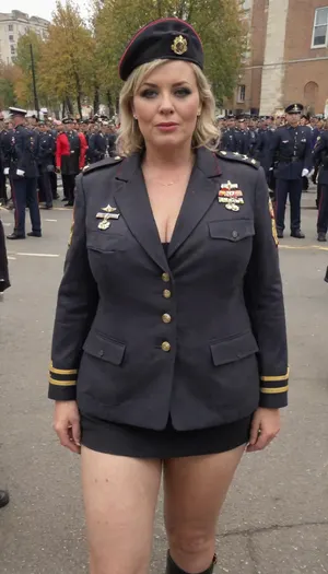 FAT 58-year-old European woman, shaggy boobs, shaved pussy, blond hair, wrinkled face, high cheekbones, black lipstick on thin lips, black makeup, ((buttoned Military parade jacket:1.5)), buttoned up on the tits, officer's peaked cap, ((without skirt:1.5)), NO PANTIES, long boots, belt, full figure visible, outdoor, prisoners of war, realistic image, ultra HD, 8k, ((daylight)), HD, true colors, detailed portrait. No blur, ultra HD photorealistic full height 8k, (holding, with, mouth), megachubsdxl, morbidly, obese, <lora:megachubsdxl_13:.5>, SaggySlimXL, uhang, yhang, <lora:updated_saggy_slim:.8>