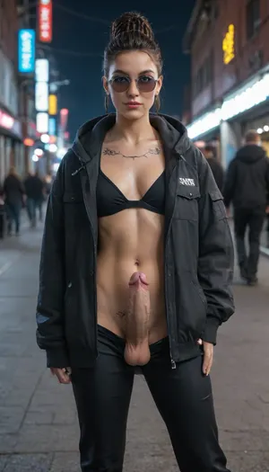 1boy, black hair, black jacket, blurry, blurry background, city, cyberpunk, cyberpunk style, dark-skinned male, dark skin, dreadlocks, hands in pockets, hood, hood down, hoodie, jacket, male focus, mohawk, neon lights, night, open clothes, open jacket, solo focus, sunglasses, tattoobeautiful slender girl, big green eyes, snake pupils, modest smile, dark purple shadows and lipstick, tight-fitting green battle suit in the style of Egypt+iron man+sci fi, athletic build, large bust, wide hips, warrior, new technology, fighting stance, high detail, high quality, Realism, (big penis:1.1), (erect penis:1.5), (masturbation:1.1), (futanari:1.3), (covered in cum:1.1), <lora:sdxl_cyberpunk:.65>