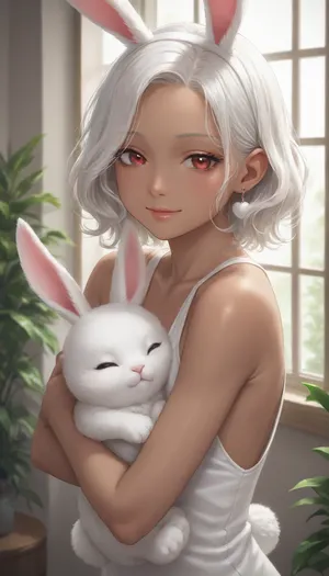 score_9, score_8_up, score_7_up, The image is an illustration of a young woman with long white hair and red eyes. She is wearing a white tank top and has a pair of bunny ears on her head. The woman is holding a white rabbit in her arms and is kissing it tenderly. The rabbit has its eyes closed and appears to be sleeping. The background is a room with a window and a plant. The overall mood of the image is peaceful and serene. dark_skin, rating, safe, white_hair, heart, animal_ears, 1girl, red_eyes, long_hair, parted_bangs, bunny_ears, hug, bare_shoulders, window, smile, half-closed_eyes, indoors, looking_at_viewer, one_eye_closed