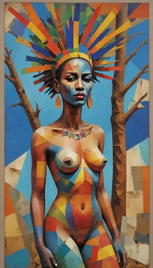 (Bright vivid colors:1.6), Avant-garde painting of nude Senegal princess leaning to the tree, fractured geometric face, crown of deconstructed fishing nets, golden tooth amulets, body composed from Dakar city map fragments, traditional ndorr patterns reimagined, indigo batik blues color palette, searing terracotta reds, solarized gold leafs, collage of sand, recycled metal, plastic digital glitches, visible brushstrokes, giant baobab tree with roots on background, Afrofuturist manifesto meets Soviet constructivism, revolutionary aesthetics, x-ray, deconstructed, abstract, surreal, mixed, media, outsider-art, avant-garde, punk, style, (gu, zhang, feng\), ral-vbrntacyl, cubsimart, painting, <lora:751939_training_data:1.3>, <lora:DeconDada++:.8>, <lora:ral-vbrntacyl-sdxl:.8>, <lora:CubismArt:.8>