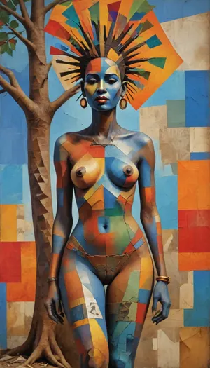 (Bright vivid colors:1.6), Avant-garde painting of nude Senegal princess leaning to the tree, fractured geometric face, crown of deconstructed fishing nets, golden tooth amulets, body composed from Dakar city map fragments, traditional ndorr patterns reimagined, indigo batik blues color palette, searing terracotta reds, solarized gold leafs, collage of sand, recycled metal, plastic digital glitches, visible brushstrokes, giant baobab tree with roots on background, Afrofuturist manifesto meets Soviet constructivism, revolutionary aesthetics, x-ray, deconstructed, abstract, surreal, mixed, media, outsider-art, avant-garde, punk, style, (gu, zhang, feng\), ral-vbrntacyl, cubsimart, painting, <lora:751939_training_data:1.3>, <lora:DeconDada++:1.3>, <lora:ral-vbrntacyl-sdxl:.8>, <lora:CubismArt:1.3>