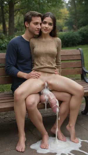 Cute brunette with bangs and ponytail in reddish brown knit sweater, brunette petite sitting on his lap on top of his flaccid dick on a bench in a park, full body view, petite woman, small tits, slight smile, a man has his pants pulled down a bit, flaccid dick resting on her legs, he is clothed with dick out, (sitting on lap), sitting on bench, huge balls, (massive dick:1.3), extreme cum play, cum on face, cum dump, (excessive cum:1.4), huge creampie, (cum covered), woman, realistic proportions, perfect face, tight body, perfect hazel eyes