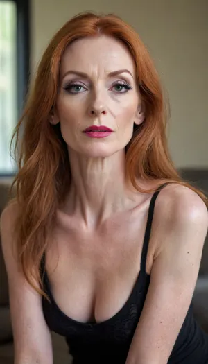 Very skinny 60 year old irish ginger woman with long hair, long eyelashes, lots of makeup and lipstick wearing a black bra and leggings