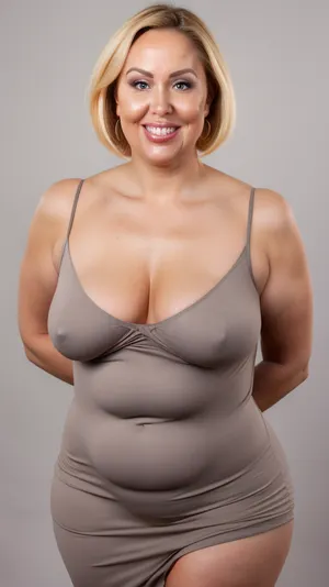 curvy, obese, big, gilf, looking at viewer, eye contact, portrait photo a chubby mature 60 year old woman, wearing a tight v-neck sleeveless spaghetti strap black dress, hourglass figure, round face, chubby cheeks, wrinkles, flushed cheeks, double chin, round jawline, thick arms, big eyes, brunette hair, beautiful hair, medium hair, bob cut, big smile, mouth open, lips parted, big lips, teeth showing, perfect teeth, joyful smile, (solid blank background), hoop earrings, (wrinkles), (fupa), ((cameltoe)), (pubic hair), wide pubic hair, drooping saggy conical breasts, sagging, breasts, apart, wide, hips, <lora:tt_saggy:.5>, <lora:ConicalTits:.5>, <lora:hips-10:.5>