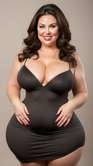 curvy, obese, big, gilf, looking at viewer, eye contact, portrait photo a chubby mature 60 year old woman, wearing a tight v-neck sleeveless spaghetti strap black dress, hourglass figure, round face, chubby cheeks, wrinkles, flushed cheeks, double chin, round jawline, thick arms, big eyes, brunette hair, beautiful hair, medium hair, big smile, mouth open, lips parted, big lips, teeth showing, perfect teeth, joyful smile, (solid blank background), hoop earrings, (wrinkles), (fupa), ((cameltoe)), wide, drooping saggy conical breasts, sagging, breasts, apart, hips, <lora:tt_saggy:.1>, <lora:ConicalTits:.3>, <lora:hips-10:.8>