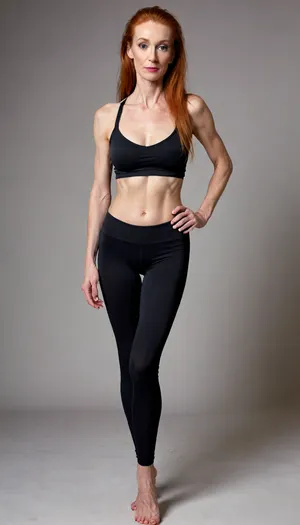 Full body view of a Very skinny smooth skin 60 year old irish ginger woman with very long hair, ponytail, long eyelashes, lots of makeup and lipstick wearing a black bra and black athletic leggings