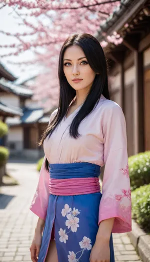30-year-old Nico Robin from one piece, with long black hair, fair skin, blue eyes, on wano country street, Surrounded by Japanese traditional style architectural buildings, sakura trees, bright sun lighting, striking facein photo 8k, photos taken by hasselblad + incredibly detailed, sharpen, details + professional lighting, photography lighting + 50mm, 80mm, 100m + lightroom gallery + behance photographies + unsplash